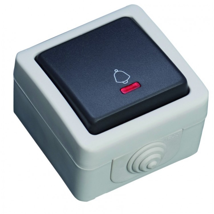 Interruttore pulsante con LED luminoso, impermeabile per uso esterno. IP44, 10A, 250V-50Hz.